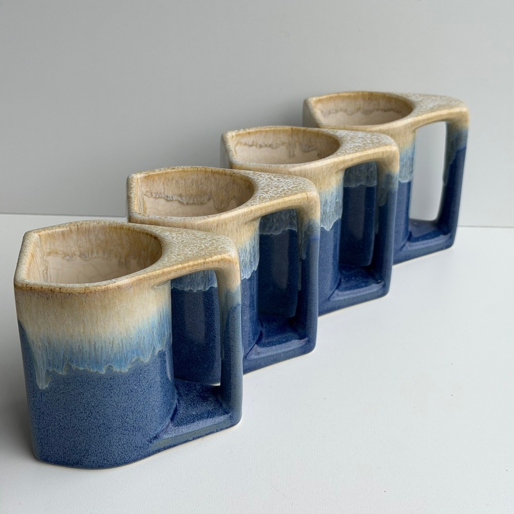 Set of 4 Geometric Ceramic Mugs Blue Tan Drip Glaze Modern Castlecore Handmade
